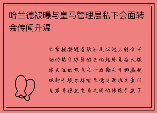 哈兰德被曝与皇马管理层私下会面转会传闻升温 哈兰德被曝与皇马管理层私下会面转会传闻升温